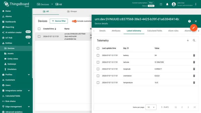 ThingsBoard Devices page showing auto-provisioned KPN device with Latest Telemetry tab displaying battery, latitude, longitude, orientation, and temperature values received from the Device Simulator