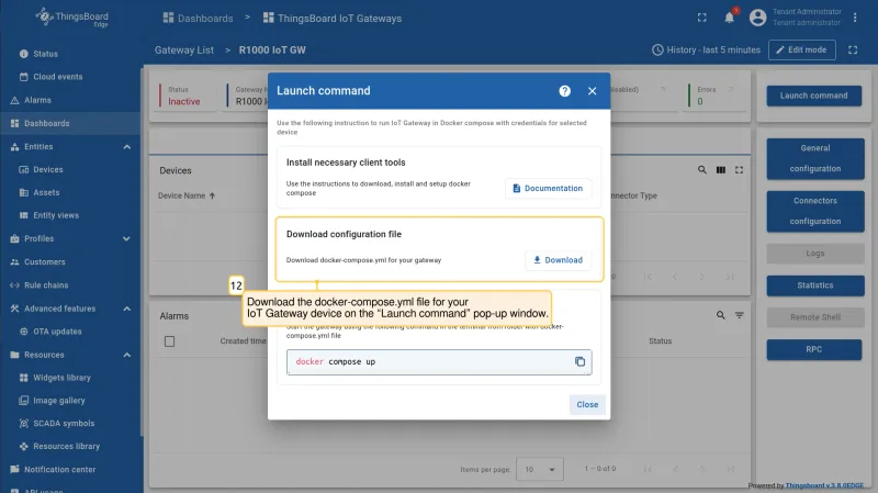 Launch command dialog with docker-compose.yml download option