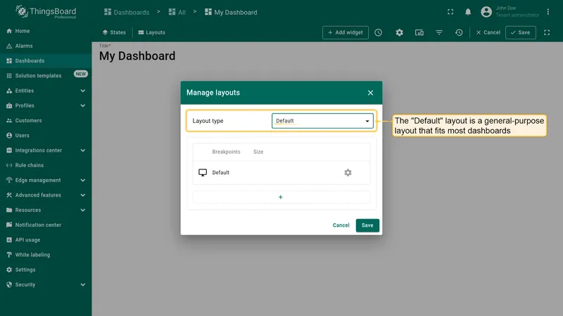 Default layout selected in Manage layouts dialog