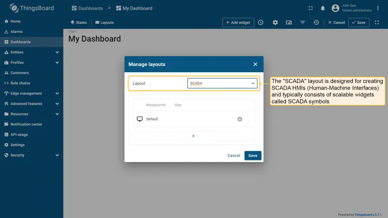 SCADA layout selected in Manage layouts dialog