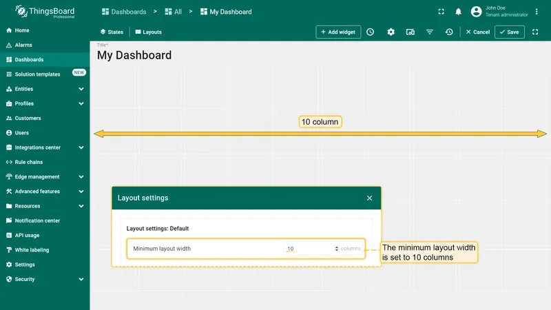 Dashboard grid with minimum layout width set to 10