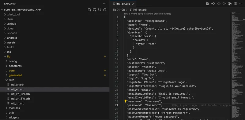 lib/l10n folder contents showing .arb locale files in the project