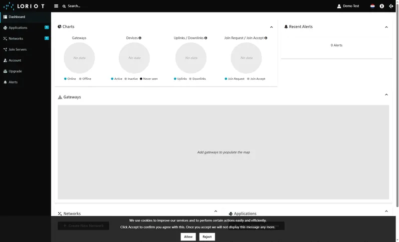 Login to Loriot server. We use **eu2.loriot.io**, but it depends on chosen region during registration.