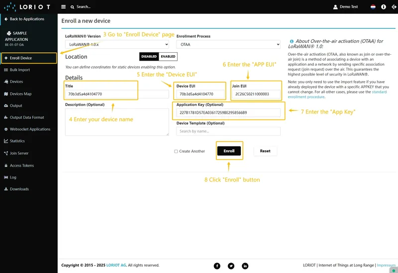 Go to the "**Enroll Device**" page. Fill in the fields, with a configuration from your device. Then click the "**Enroll**" button.