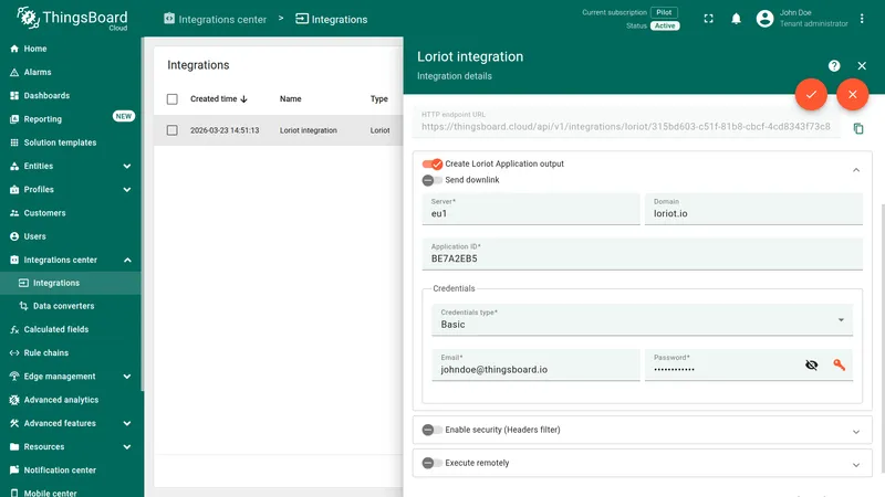 Loriot integration edit mode — Create Loriot Application output enabled, server eu1 and loriot.io domain, application ID BE7A2EB5, Basic credentials filled