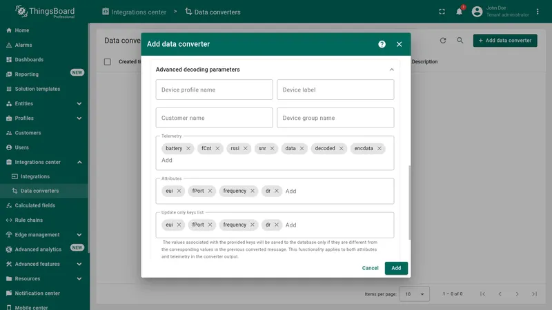 Add data converter dialog — Advanced decoding parameters showing telemetry keys (battery, fCnt, rssi, snr, data, decoded, encData) and attribute keys (eui, fPort, frequency, dr)