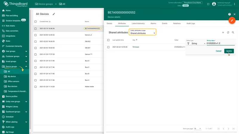 Device BE7A000000000552 — firmware attribute inline edit row showing new value 01052020.v1.2 and Update button