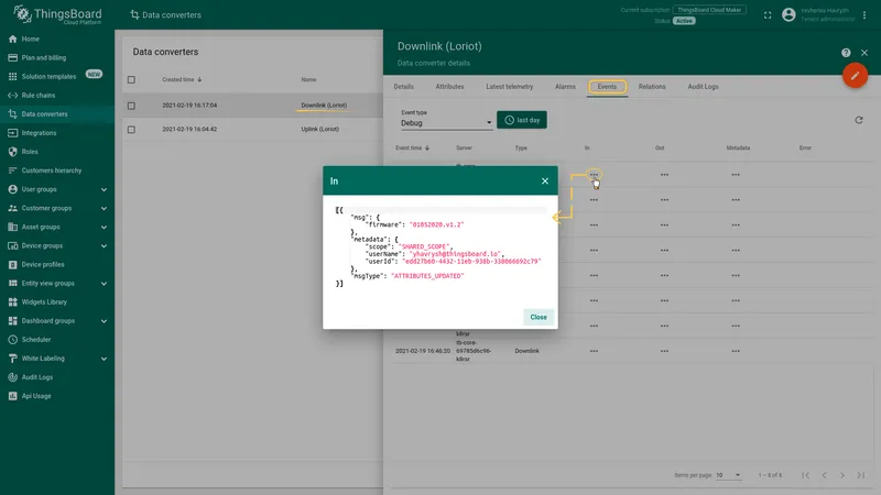 Downlink converter Events tab — In dialog showing ATTRIBUTES_UPDATED message with firmware value and device metadata