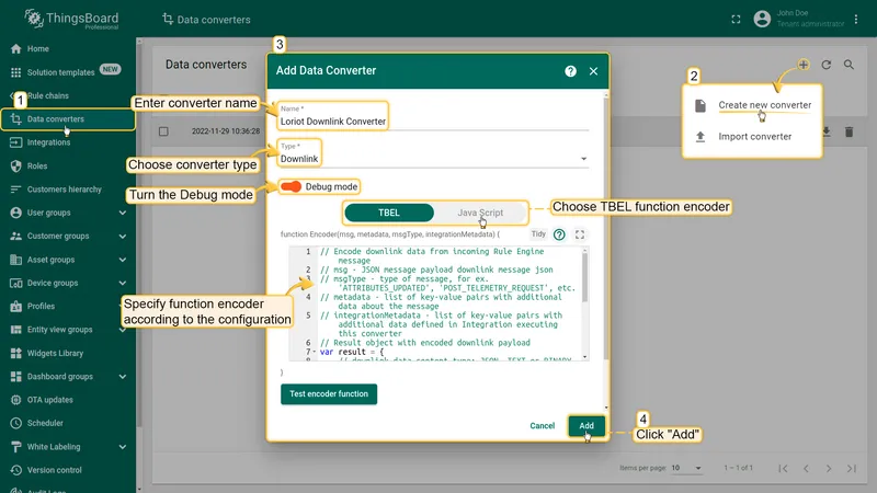 Add Data Converter dialog — name Loriot Downlink Converter, type Downlink, TBEL tab selected with encoder function