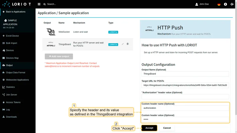 LORIOT HTTP Push output configuration — Custom header name authorization and masked value filled, Accept button highlighted