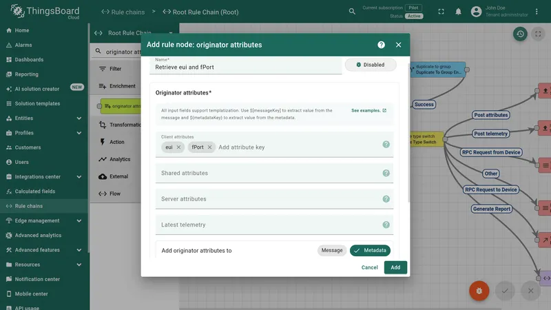 Add rule node: originator attributes dialog — Name field set to Retrieve eui and fPort, Client attributes showing eui and fPort keys, Add originator attributes to Metadata button selected