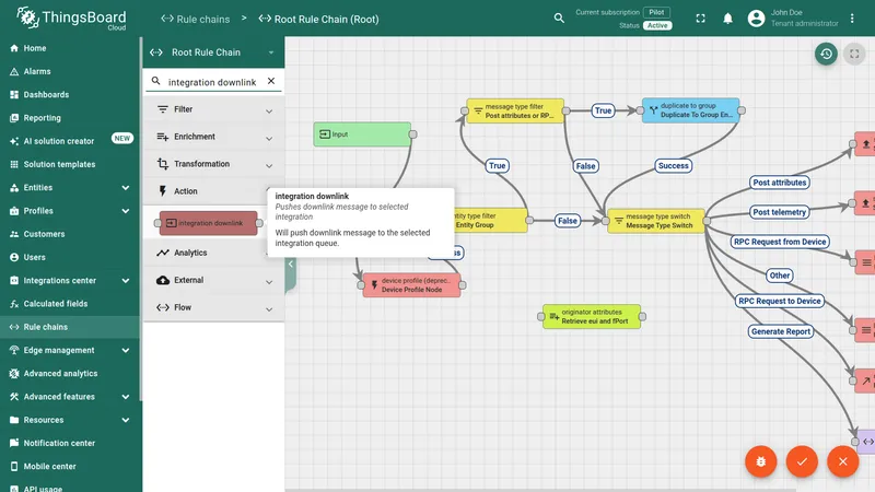Root Rule Chain node picker — integration downlink node found in search results under Action category, with tooltip describing the node purpose