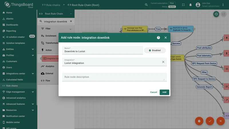 Add rule node: integration downlink dialog — Name field set to Downlink to Loriot, Integration field set to Loriot integration
