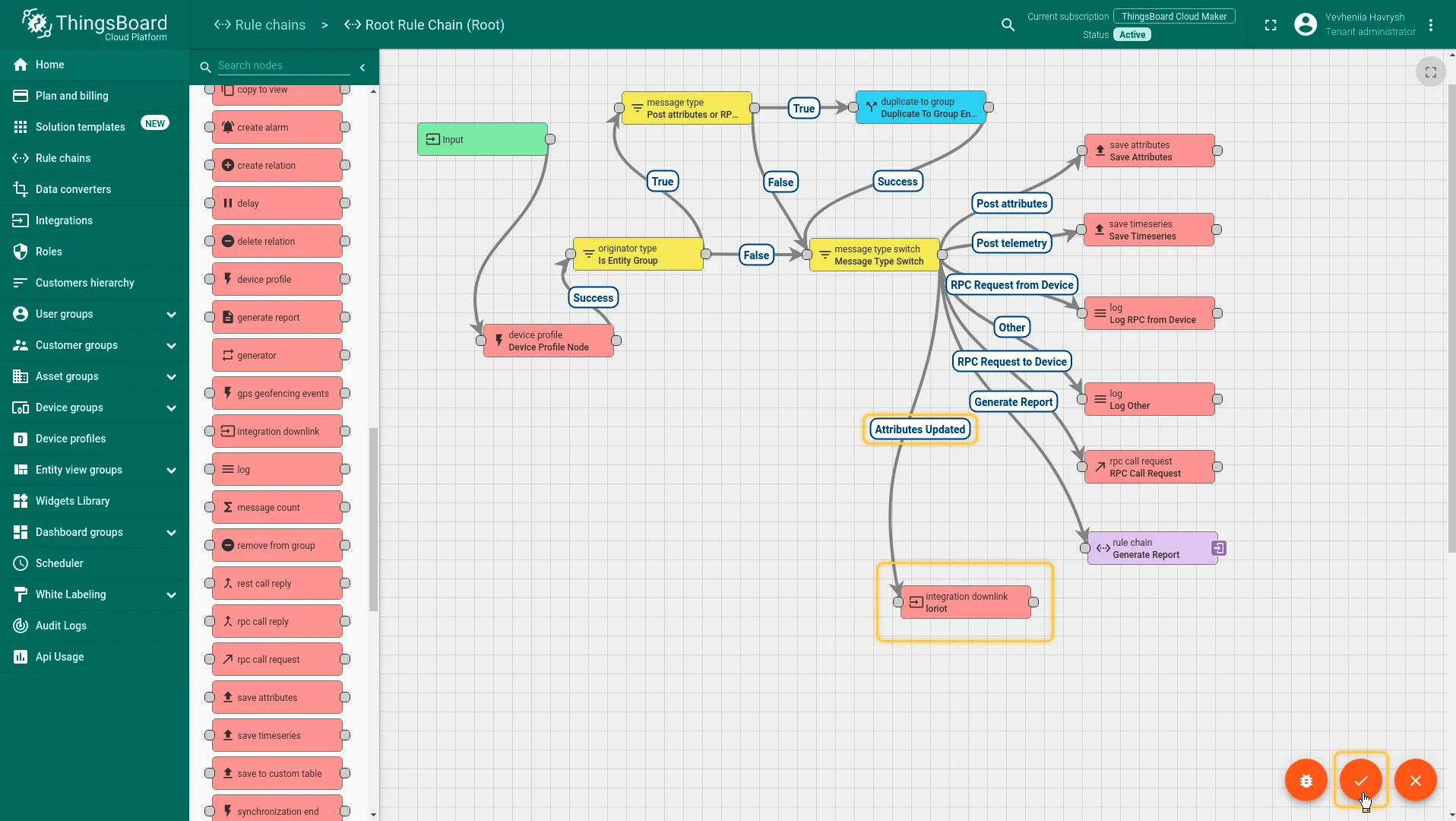 Root Rule Chain — Integration Downlink (Loriot) node highlighted at bottom-right, connected from Message Type Switch via Attributes Updated relation