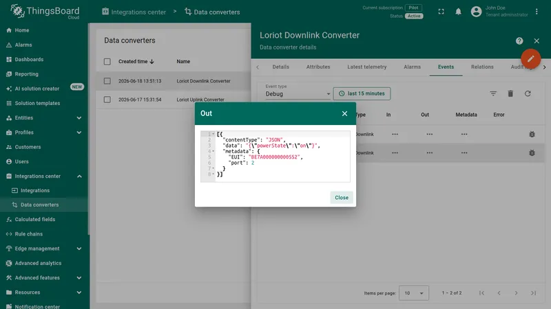 Loriot Downlink Converter Out dialog — encoded payload with contentType JSON, data with powerState on serialized as JSON string, metadata with EUI and port