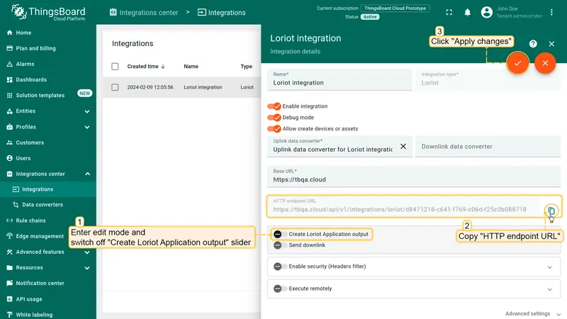 Go to edit mode ThingsBoard Loriot integration, switch off **"Create Loriot Application output"** slider and copy **"HTTP endpoint URL"**. Then, apply changes