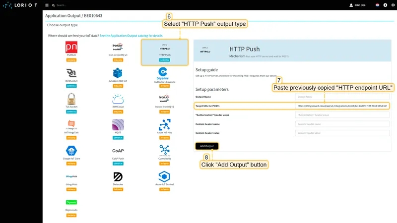 Select **"HTTP Push"**. Paste **"HTTP endpoint URL"** in **"Target URL for POSTs"** field. Press **"Add Output"** button