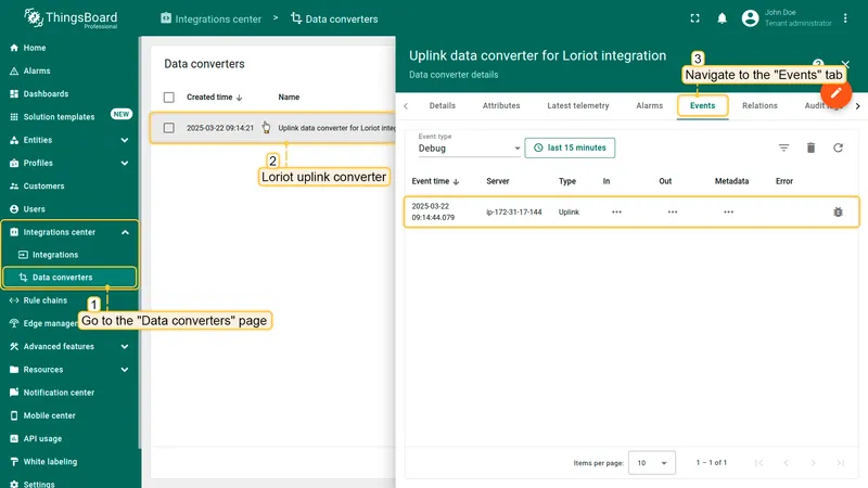 Data converters page — Loriot uplink converter Events tab with one Uplink event row