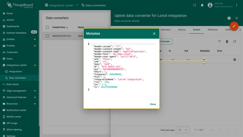 Uplink converter event — Metadata dialog showing HTTP headers and full LORIOT message fields including EUI, cmd, data, fPort, rssi, snr, ts
