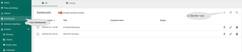 Go to the "<b>Dashboards</b>" page, click the <b>+</b> button in the upper right corner of the page.