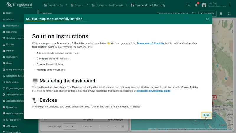 Main dashboard with instructions dialog after installation