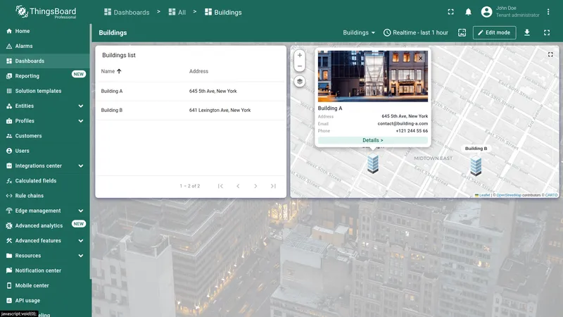 Map tooltip displaying building details with image and a clickable Details link