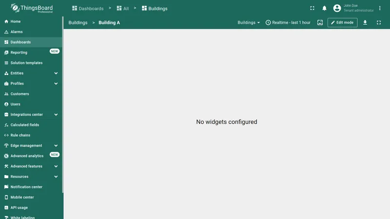Building A dashboard state with empty layout and breadcrumb navigation