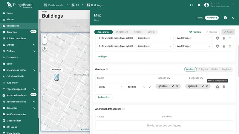 Map widget advanced settings with the marker configuration button highlighted
