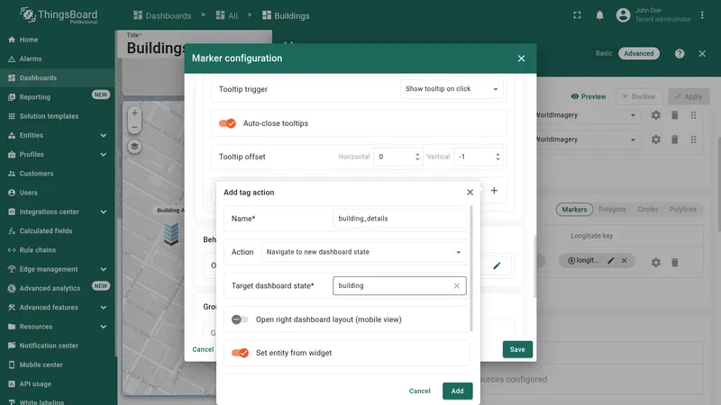 Add tag action dialog with fields configured for building_details navigation