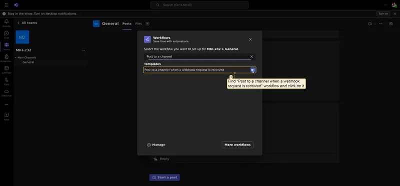 Workflows dialog — select the webhook template