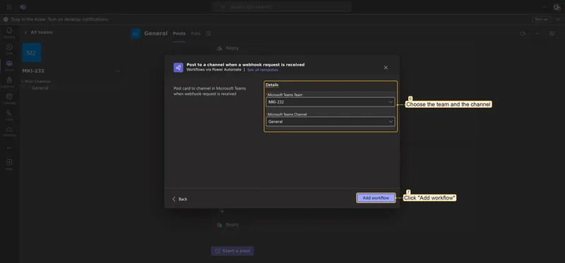 Workflow setup — choose the team and channel, then click Add workflow