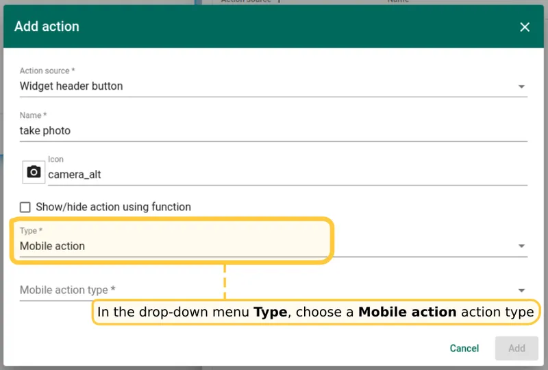 Open widget actions tab