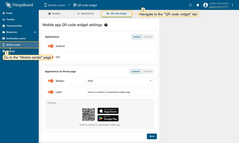 Mobile center QR code widget tab with Use system settings toggle highlighted