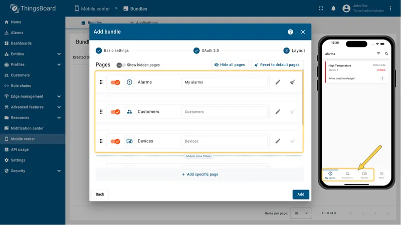 Layout step with menu items and + Add specific page buttons visible