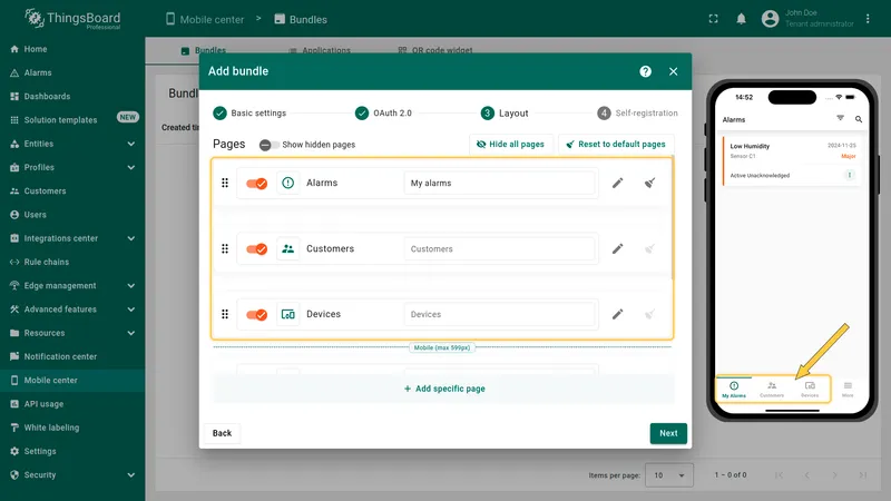 Layout step with menu items and + Add specific page buttons visible