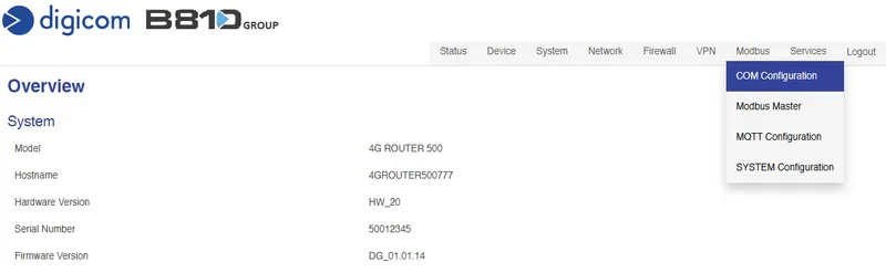 DRN 500 menu showing Modbus COM Configuration option