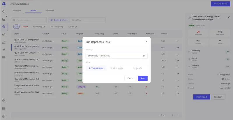 Run Reprocess Task dialog with date range and scope settings