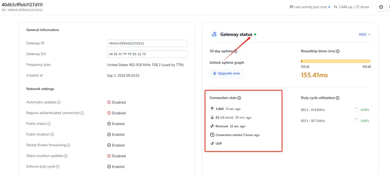 TTN gateway overview showing Connected status