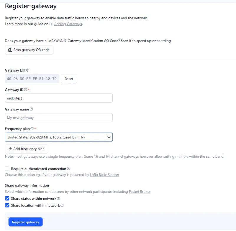 Gateway registration form with ID, frequency plan, and Register button