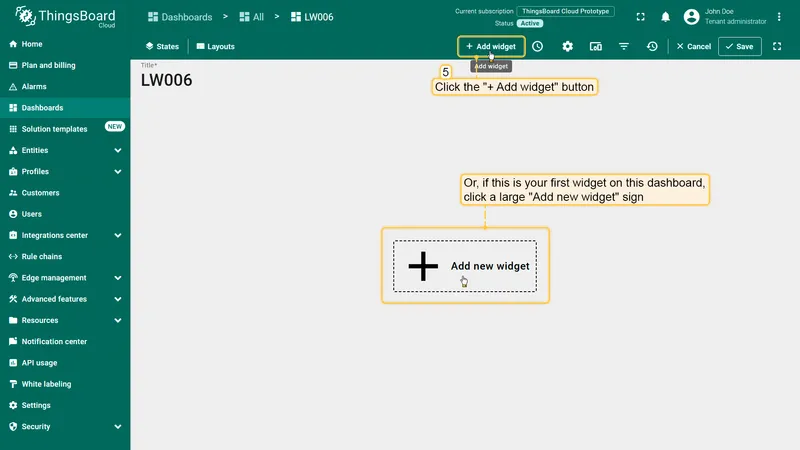 Empty dashboard with Add widget button