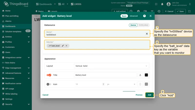 Add widget dialog with device datasource and batt_level key