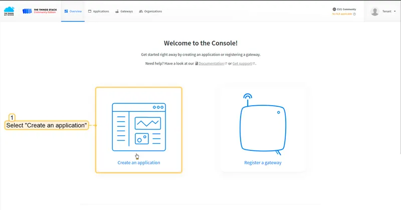 TTN console Create an application button