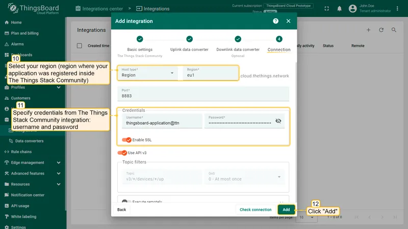 Integration connection settings