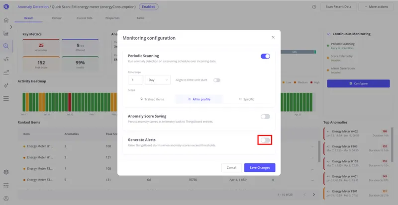 Monitoring configuration dialog with Generate Alerts toggle highlighted