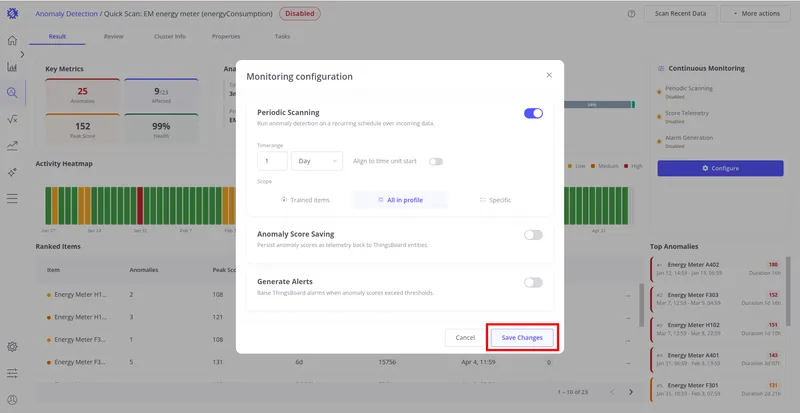 Monitoring configuration dialog with Save Changes button highlighted