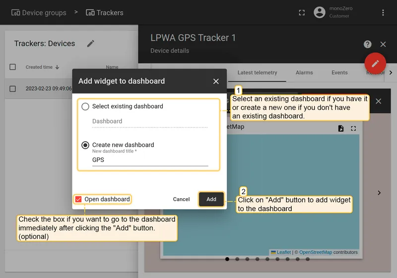 Add to dashboard dialog