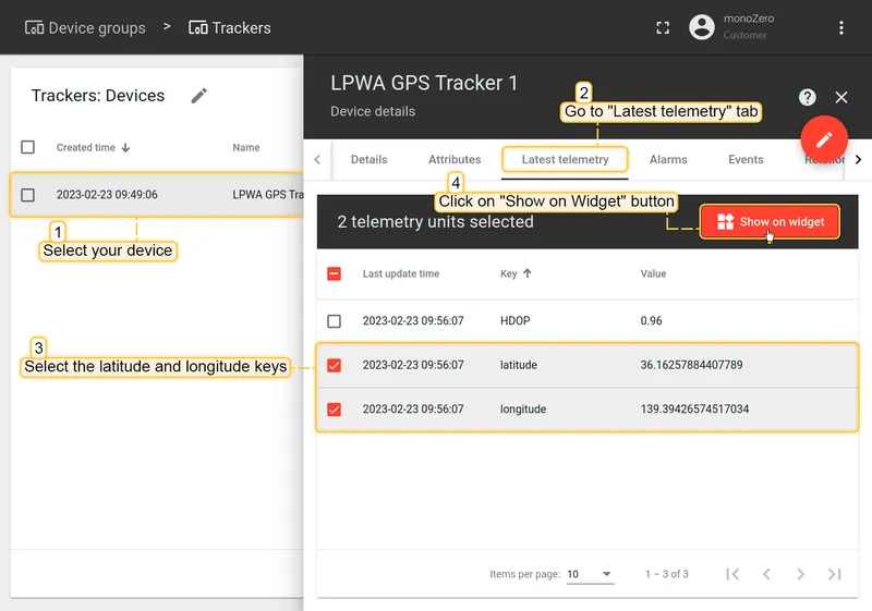 Latest telemetry tab with latitude and longitude keys selected