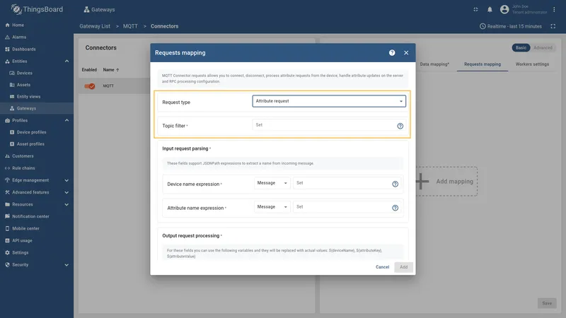 Select Attribute request type and enter Topic filter