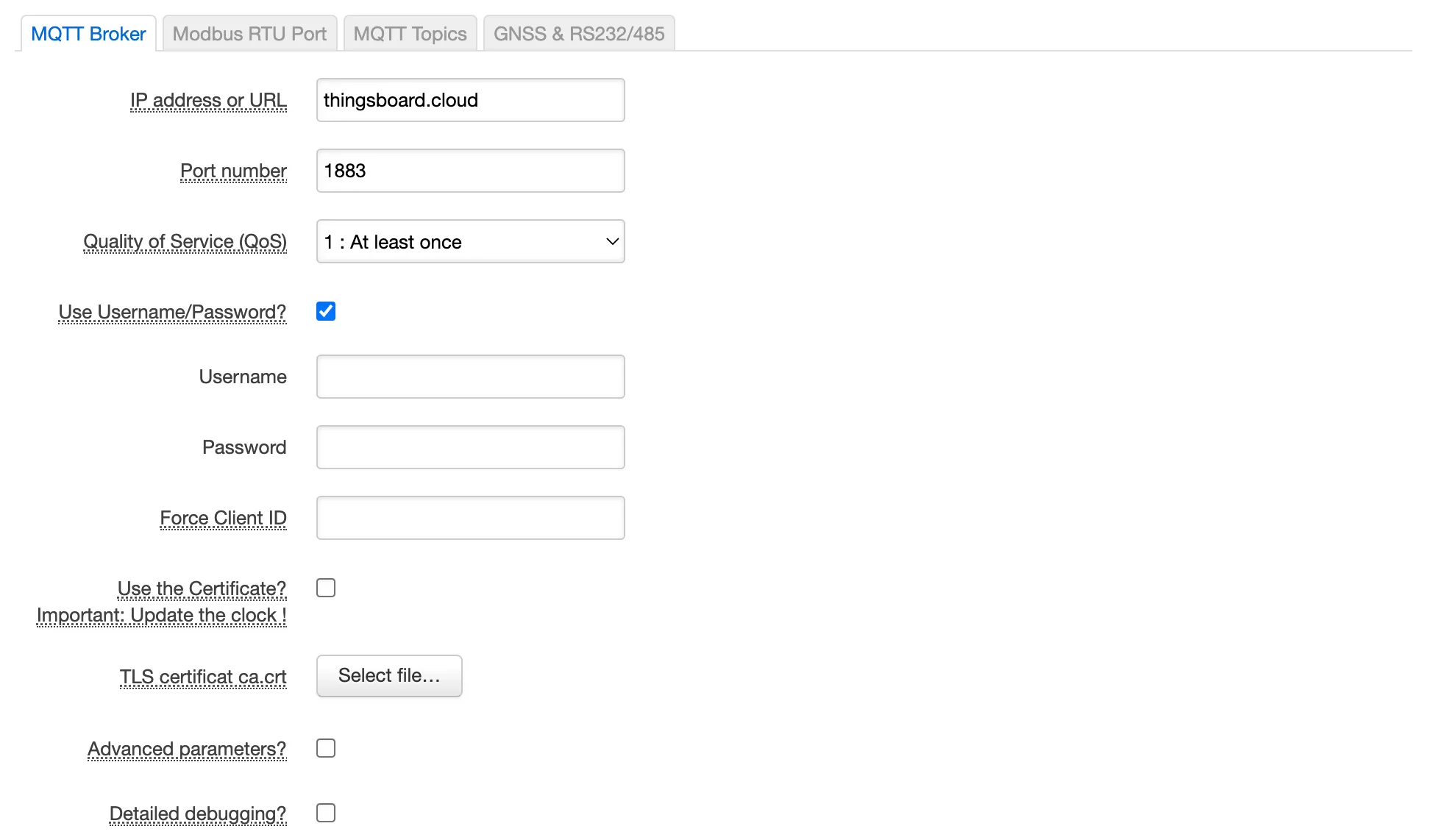 MQTT broker settings for ACE Gateway connection