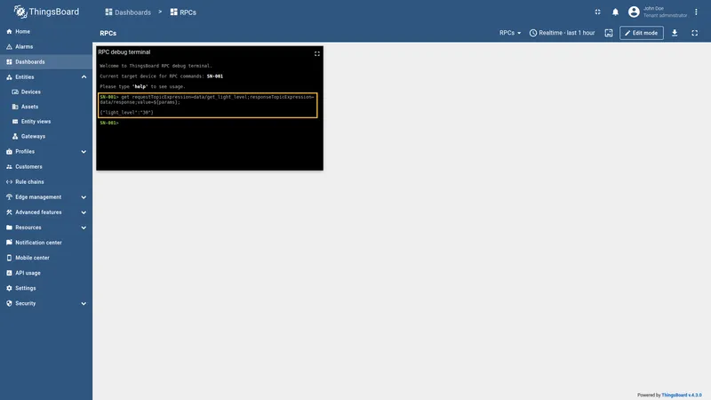 MQTT GET RPC showing the response received on the response topic